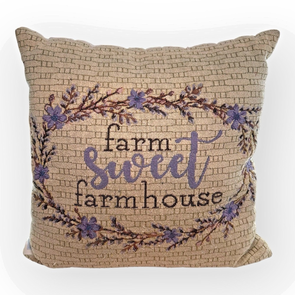 Farm Sweet Farmhouse Tapestry Woven Style Throw Toss Pillow Lavender Wreath 17"